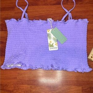 New. Shekini Purple Smocked Swim Top